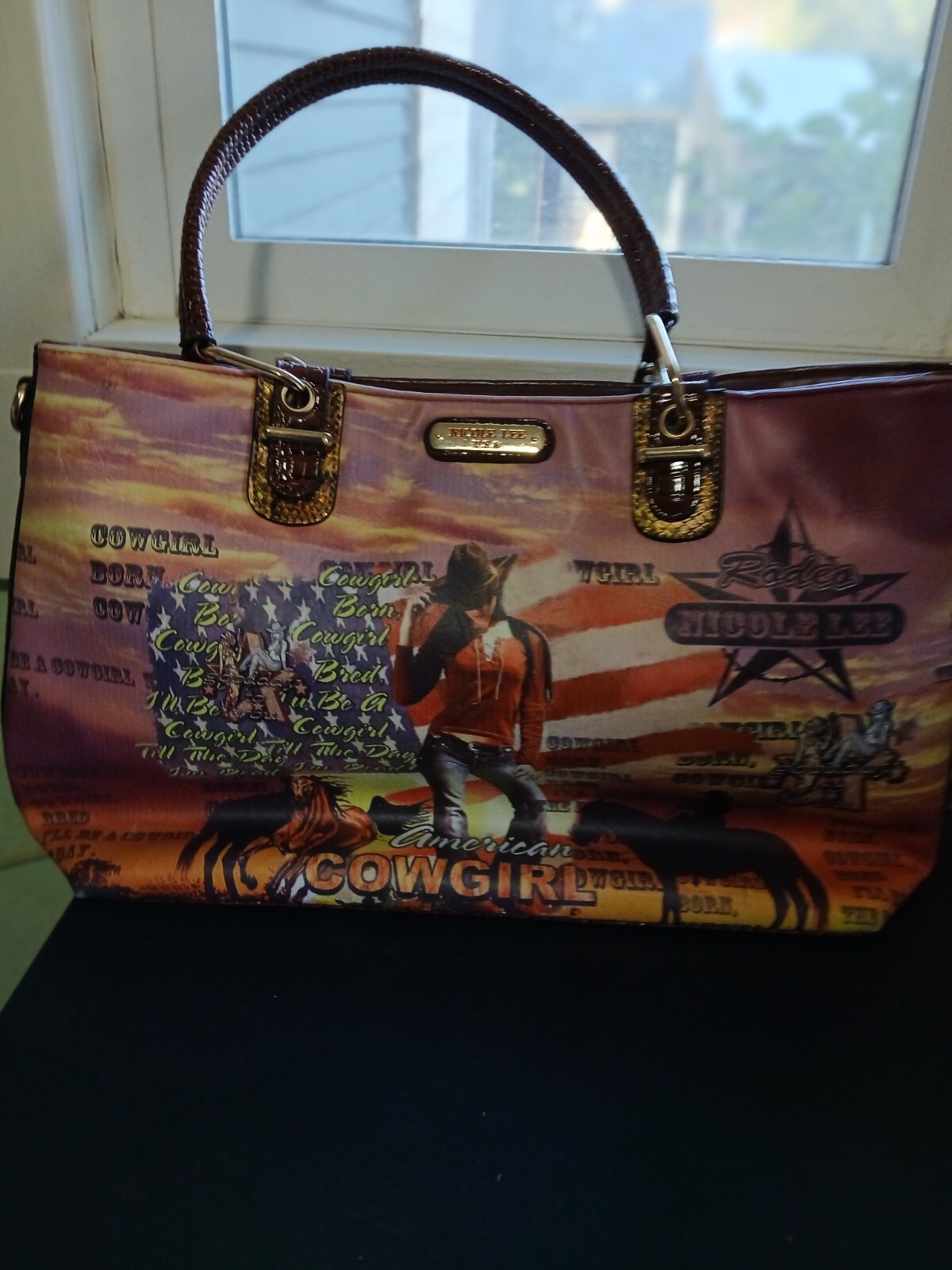 Nicole Miller large cowgirl rodeo flag print purse NWOT never worn
