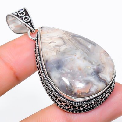 Laguna Lace Agate Gemstone Handmade 925 Sterling Silver Jewelry Pendant 2.13''