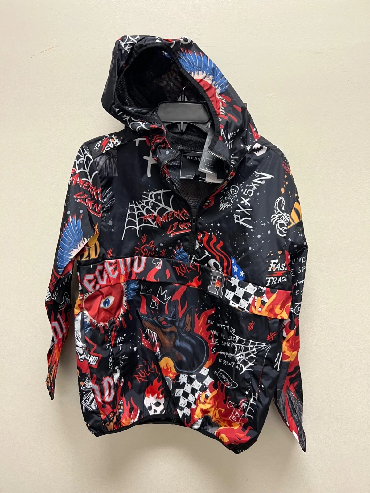 Reason Move in Silence Flame Skull quarter-zip Anorak sz S