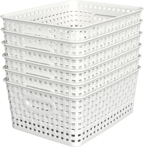 Woven Plastic Storage Baskets, 6 Pack White Weave Bins Organizer, 10.1" x 7.55"
