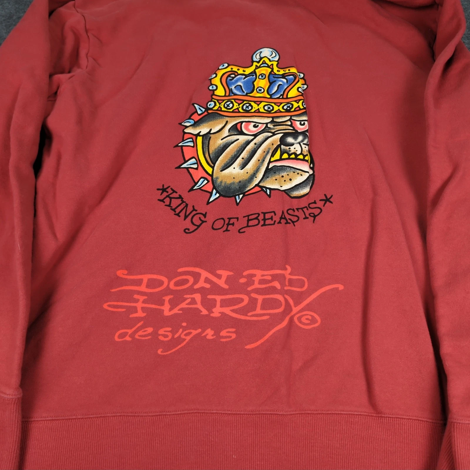 Ed Hardy Hoodie Mens 2XL Red Full Zip Sweatshirt King of Beasts Bulldog