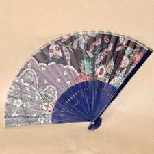 Vintage Japanese Fabric Folding Hand Fan Floral Pattern Navy Blue Multicolor