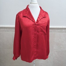 Vintage Oscar de la Renta Red Satin Pajama Top Lounge Sleep Shirt 12