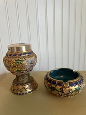 Vintage Cloisonné Champleve Standing Lighter And Ashtray Enamel work 