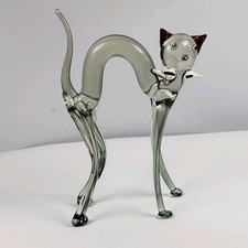 Art Glass Green Cat With Arched Back Figurine Blown Glass