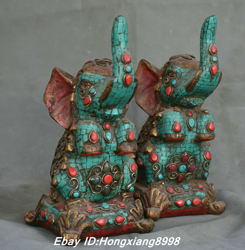 8.6" Old Tibet Bronze Turquoise Gem Fengshui Animal Elephant Luckly Statue Pair - Picture 10 of 12