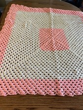 Hand-Crochet Pink  White Square Baby Blanket Afghan 41  X 41  