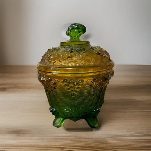 Cute Vintage Footed Jeanette Glass Candy Dish Grape Pattern