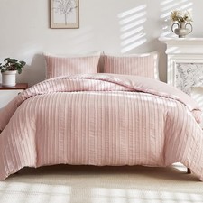 Pink Boho Duvet Cover Queen Striped Textured Tufted Bedding Set 3-Piece Boho