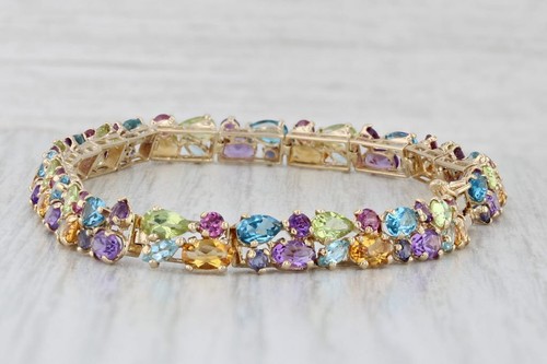 12.87ctw Gemstone Tennis Bracelet 14k Gold 8" Topaz Citrine Peridot Amethyst - Picture 5 of 10