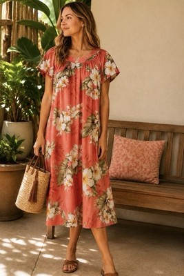 Two Palms Hawaii Coral Floral Dress Made in Hawaii 100% Cotton Midi Muumuu S 
