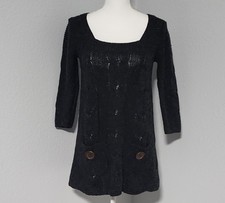 Vintage Glimmer By J.J. Basics Black Knitted Sweater Dress 3/4 Sleeve Size Small