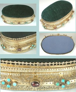 Antique Gilded Silver Pincushion Set w/ Garnets & Turquoises Austrian C1850