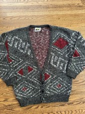 Vintage Le Tigre Geometric Cardigan Sweater Gray Red Medium Grandpa USA Made 90s