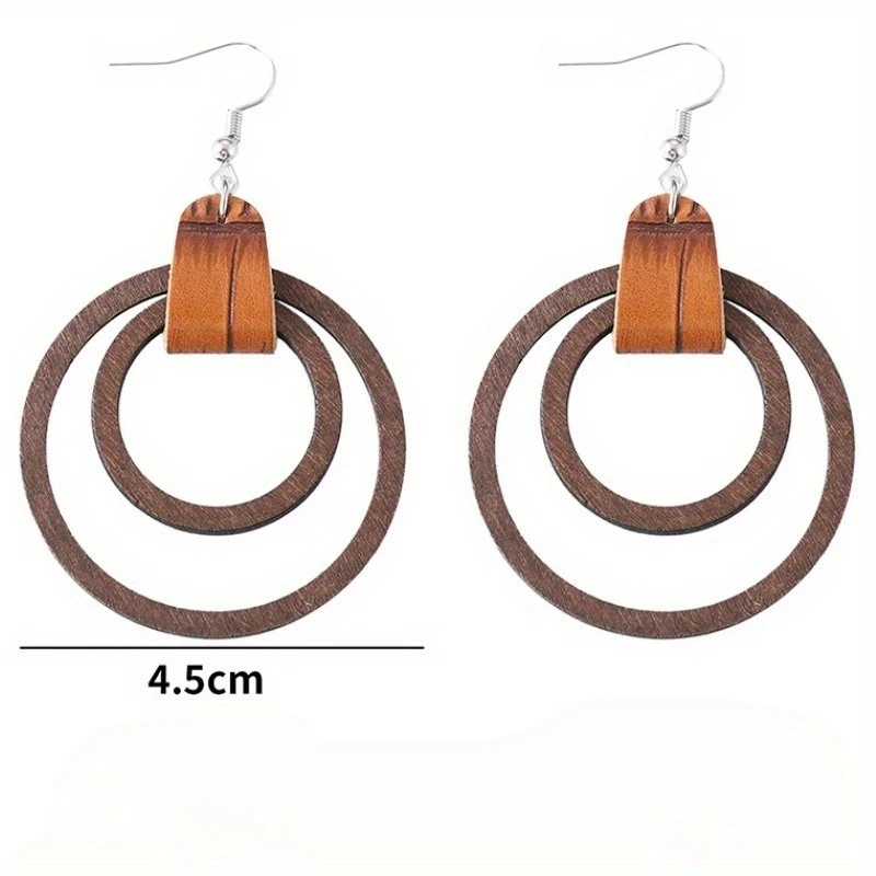 Women's Boho Double Ring Pendant Earrings Wooden Leather Splicing Brown Earhook - Image 2 of 3