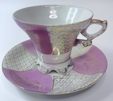 Vintage Japan Pink Iridescent Lusterware Footed Teacup  Saucer Gold Trim