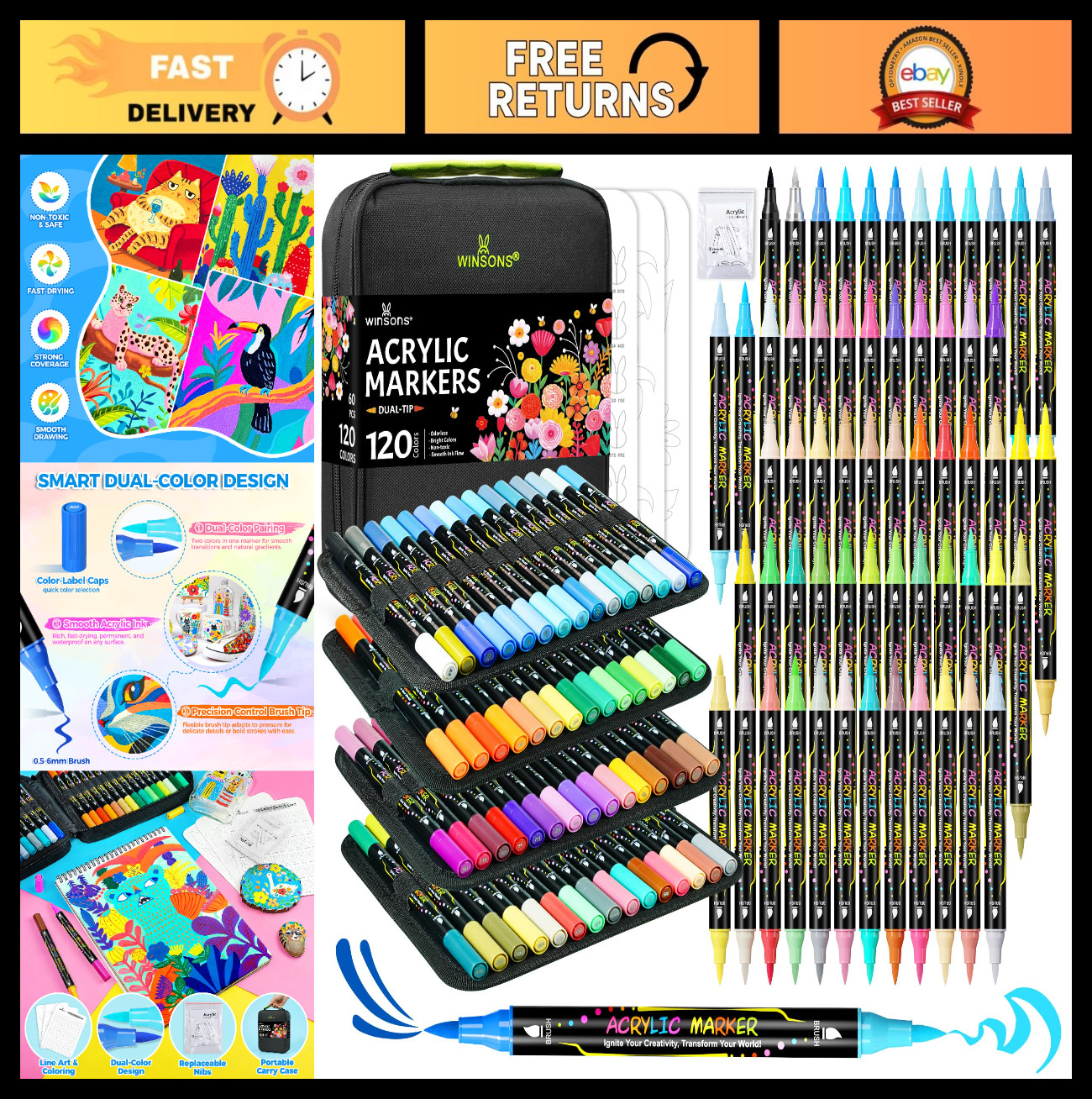 120 Colors Dual-Tip Acrylic Paint Markers Set - Permanent Soft Brush Pens for DI