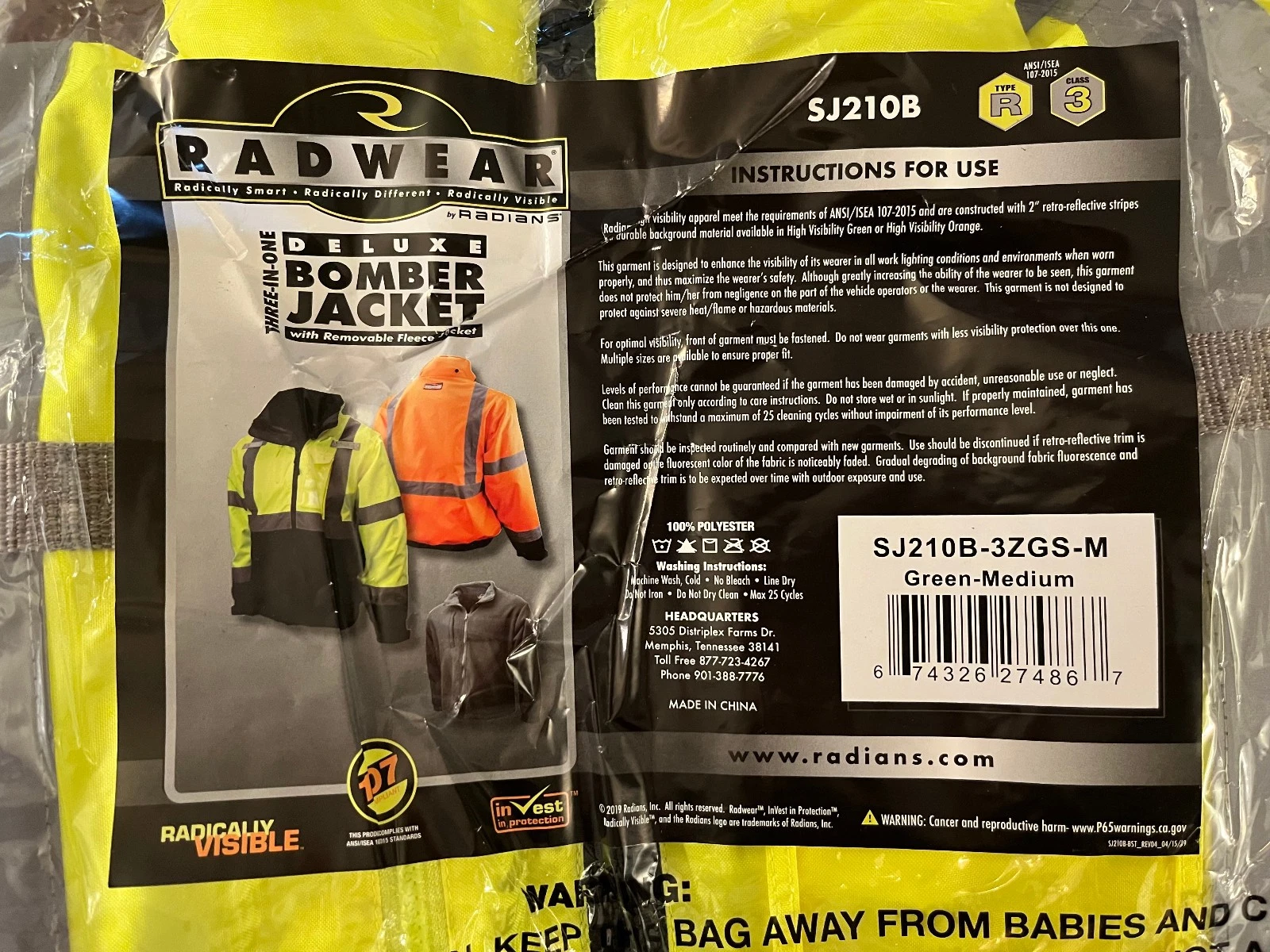 High Vis Deluxe Bomber Jacket w/Removable Fleece Jacket, Medium, Radians SJ210B image 12