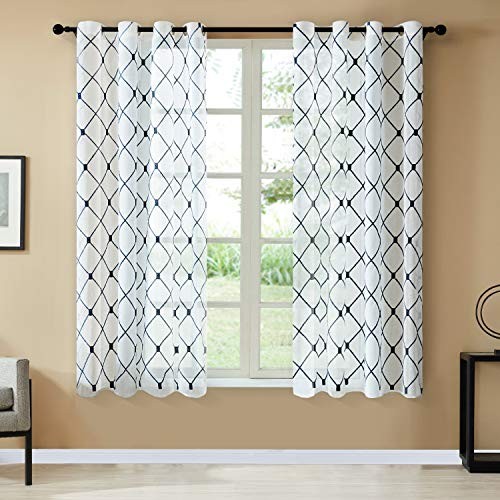 Top Finel White Sheer Curtains 63 Inch 54"W x 63"L (Pack of 2) White Navy - 第 2/6 張圖片