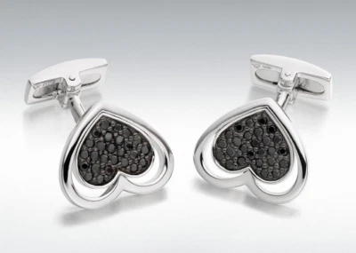 Boutons De Manchette En Argent Sterling Noir Cz En Forme De Cœur Hoxton Londres - Photo 1/2