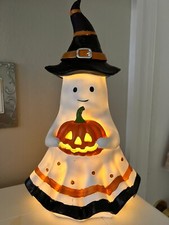 Halloween Holiday Resin Ghost in Witch Hat Holding Pumpkin- Light Up 12" Tall