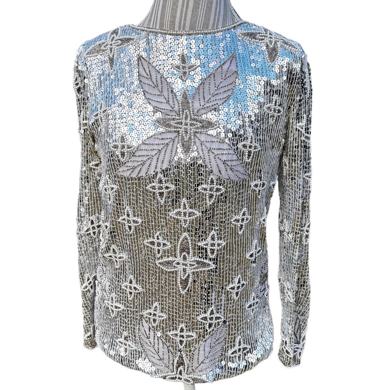 Vintage Silver Silk Sequin Patterned Stunning Lon… - image 1