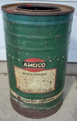 VINTAGE AMOCO MOTOR GREASE 16 GALLON OIL GAS DRUM BARREL CAN TRASH