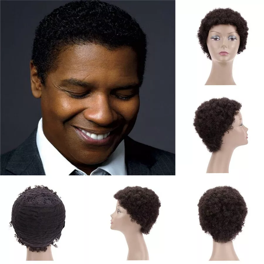 Handmade Afro Curly Toupee for Men Human Hair Black African American Wigs