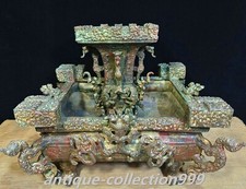 12.5" Old Dy Bronze Ware Dragon beast Pixiu Inscription Words Zun Vase Plate Set