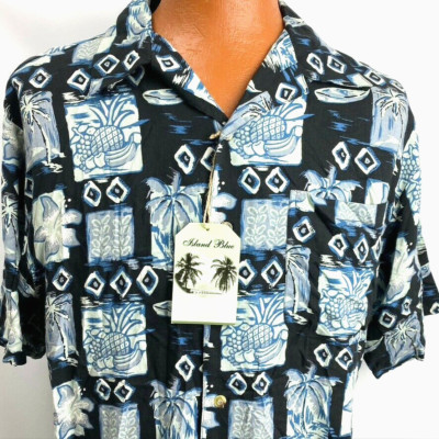 Island Blue Aloha Hawaiian Large Mens Shirt Palm Trees Pineapple Fruit Tapas