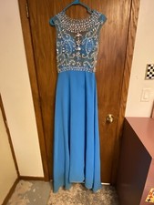 SHEER Embroidery Blue Rhinestone Long Evening Gown prom dress Large 8
