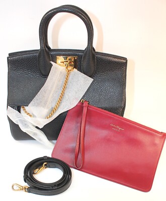 Salvatore Ferragamo Studio Bag Nero Deer/Carmine Calf Pouch (S