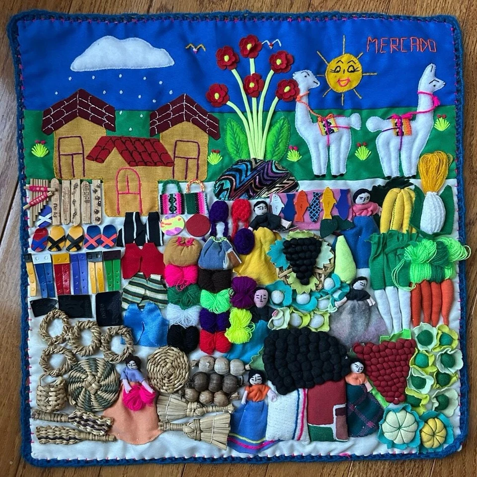 Vintage Peruvian Arpilleras Folk Art Handmade Mercado Wall Hanging Tapestry 18” - Image 2 of 4