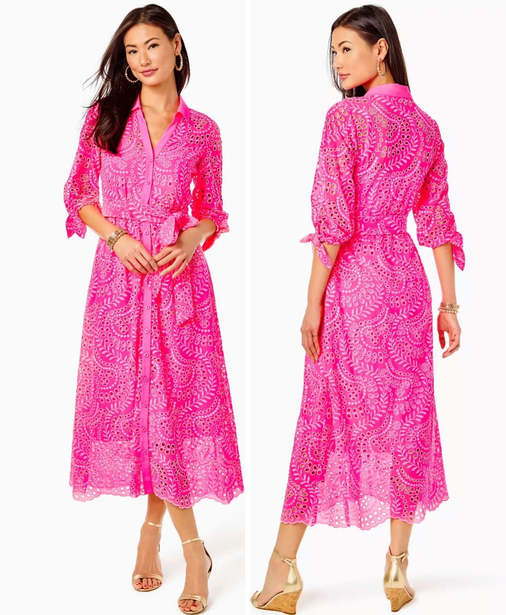 knee length dresses for ladies Stretch Cotton Eyelet Lillian Midi Shirt Dress Navy main image 0
