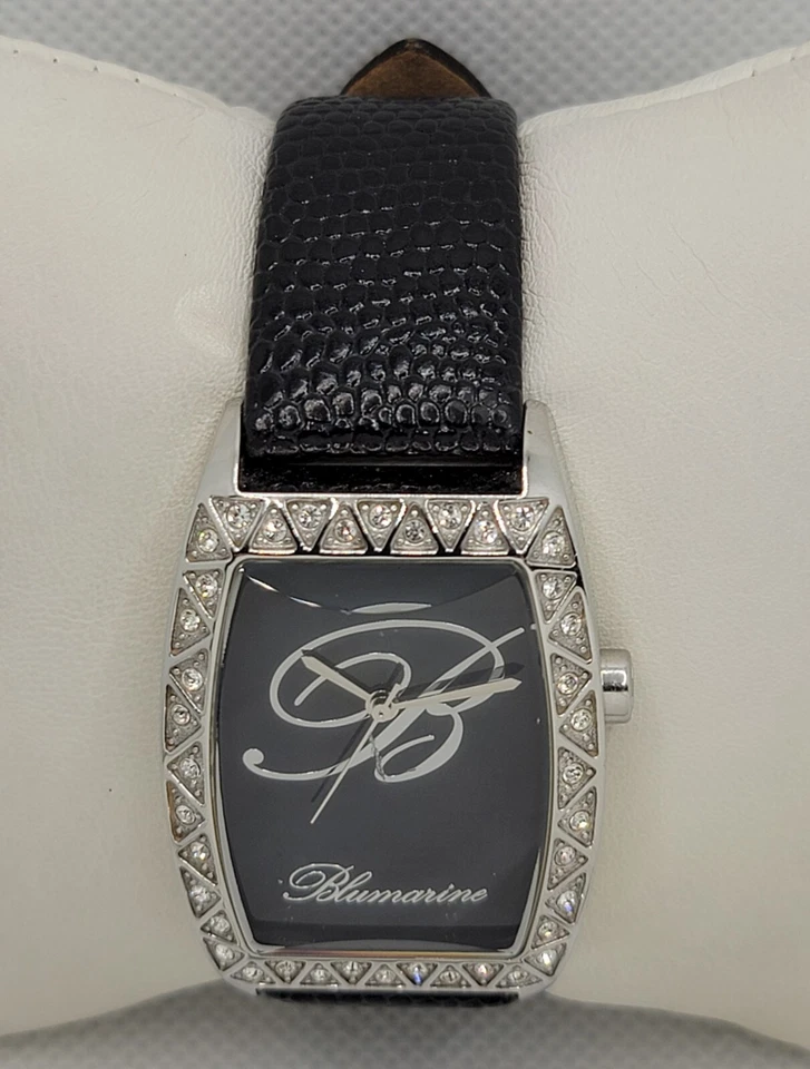 Ladies Blumarine Fancy Silver Tone Paved Bezel Black Dial Leather Band Watch J3 - Image 4 of 4