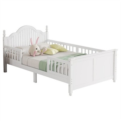 Twin Size Wood Platform Bed w/Safety Guardrails/Under Bed Storage for Kids,White