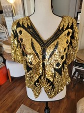 Vintage Black and Gold Sequin Butterfly 100 SIlk Top