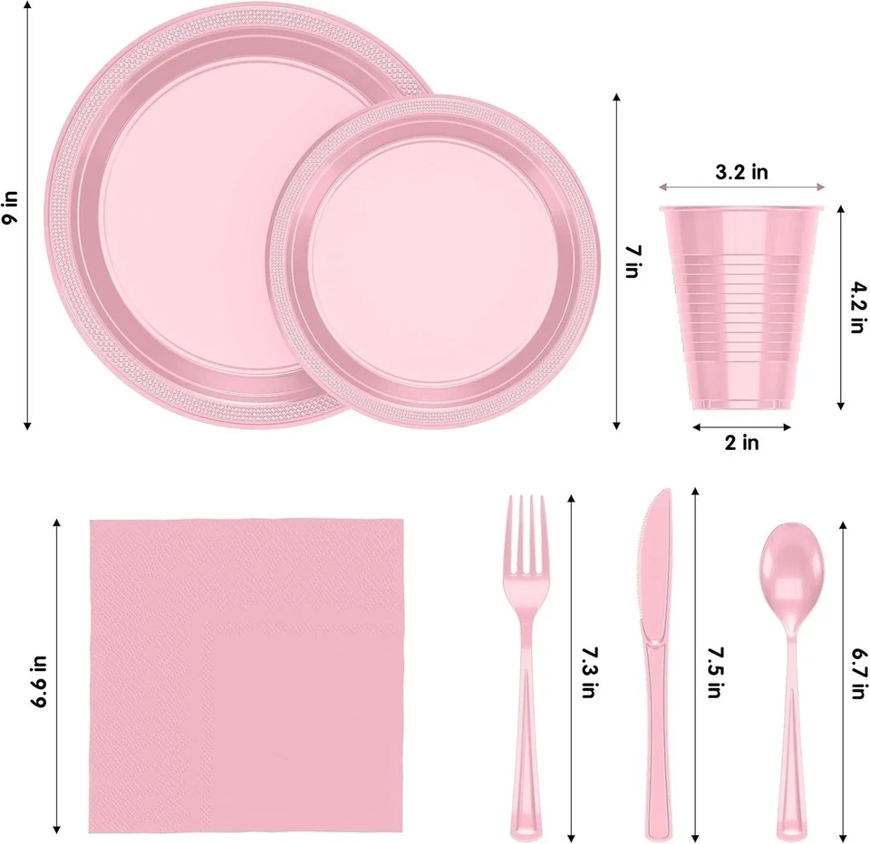 Juego de vajilla de fiesta de plástico rosa 350 piezas para 50 invitados, platos desechables, tazas Foto 2 de 4