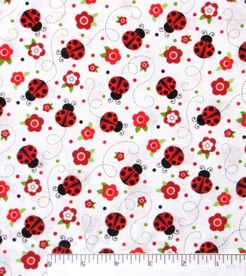 Ladybugs & Flowers White Novelty Fabric by Fabric Editions, BTHY, Ladybug