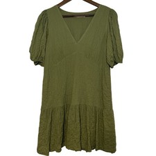 Abercrombie & Fitch Olive Green Crinkle Babydoll Puff Sleeve Mini Dress M