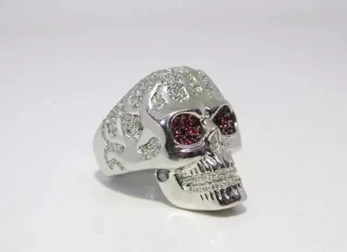 3Ct Round Simulated Diamond Men's Halo Skull Band Ring 14K White Gold Plated