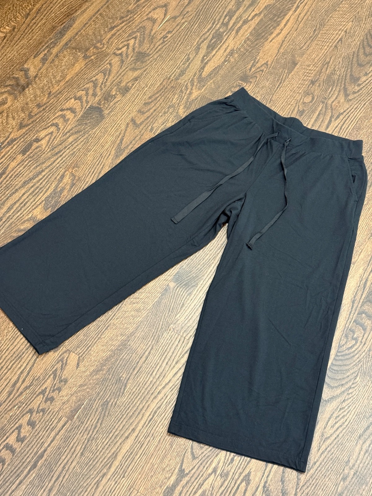 Lands End Women's Black Starfish Wide Leg Crop Pants Knit Drawstring Sz M 10-12