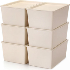 6 Pcs Small Plastic Storage Bins with Lids,Beige