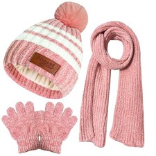 Kids Toddlers Winter Hats Stripes Beanie Gloves Neck Warmer Long Scarf Pink