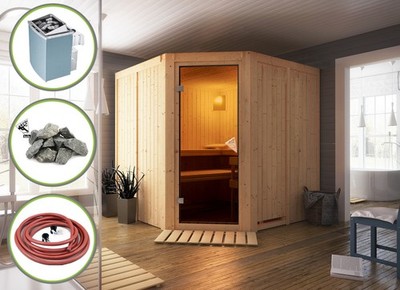 Karibu Sauna Heimsauna JARIN 196x196 cm inkl. 9 KW Ofen integr. Strg Espe Liegen