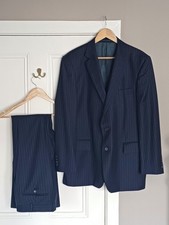Gieves & Hawkes 2 Piece Suit Mens Size 44R W38 L32 Navy Blue 100% Wool Pinstripe