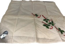 Vntg Świąteczna chusteczka Nowa Desco Bawełna Haftowana 1950 Biały motyw świąteczny