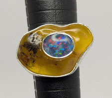 Großer Ring 925 Silber wuchtige Handarbeit mit Bernstein und Opal Triplette