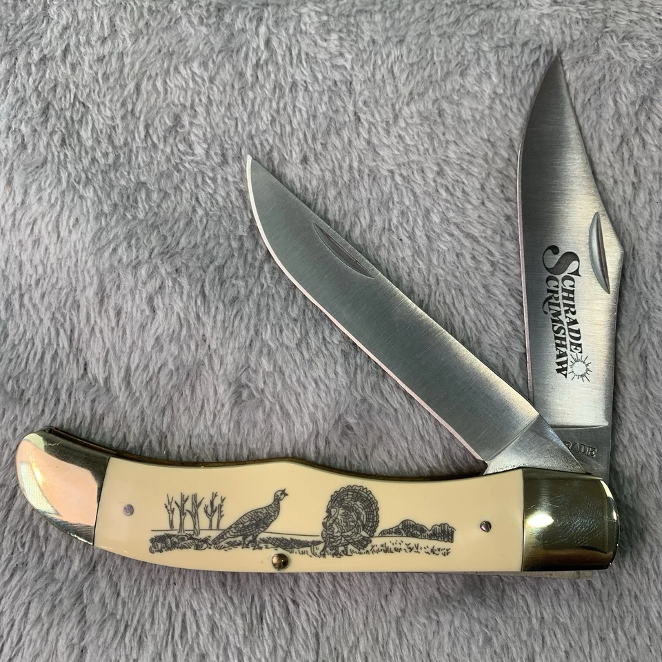 Cuchillo Plegable Schrade Scrimshaw 2 Hojas De Colección con Funda y Caja Pavos Salvajes 250TYT Foto 2 de 4