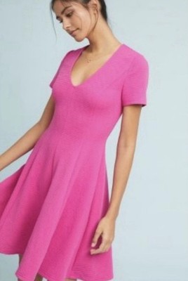 HUTCH Anthropologie Vicki V neck Pink Textured Fit & Flare Dress size MP